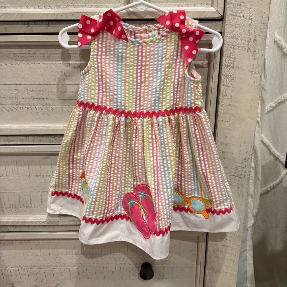 Good Lad Multicolor Striped Dress with Pink Polka Dot Bows and appliqué